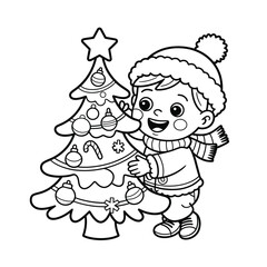 Festive boy decorating christmas tree line art vector scalable eps illustration for holiday projects silhouette vector illustration white background