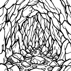 Minimilist a black and white drawing of a cave entrance with rocks and water flowing through the cave floor path vector