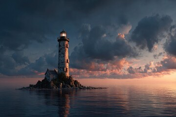 Seascape Lighthouse on islet under a clouded sunset sky