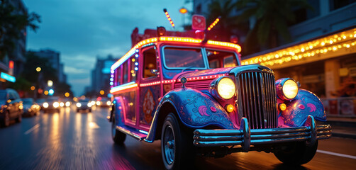 Obraz premium Vibrant colorful jeepney drives on city street at dusk. Unique decorative public transport vehicle covered with neon lights, bright patterns. Busy urban road with blurred cars, buildings in evening