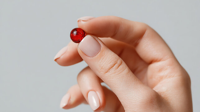 Close-up of a hand delicately holding a tiny object against a plain white backdrop, symbolizing precision and interaction. 64657451 1