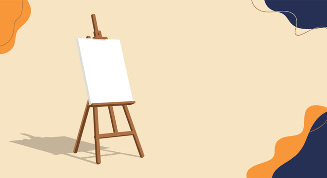 An empty canvas sits on a wooden easel ready for artistic creation on a light beige background with abstract shapes.