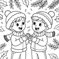 Joyful winter friends black and white line art illustration scalable vector graphic for eps silhouette vector illustration white background