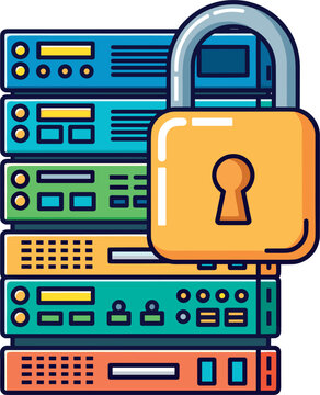 Secure server rack with padlock icon, data security concept