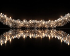 Garland glows, reflected. Dark background. Soft light
