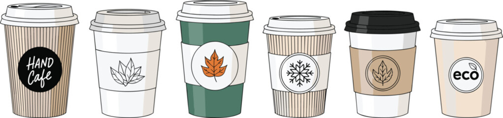 Disposable coffee cup set, eco design, sleeve styles, branding mockup, takeaway beverage packaging, cafe logo collection, modern drinkware illustration