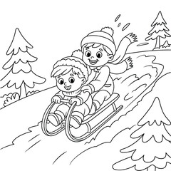 Charming vector illustration of two children sledding down a snowy hill in a winter forest scene silhouette vector illustration white background