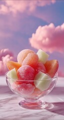 Fruit chunks in glass bowl, dreamy pink sky background
