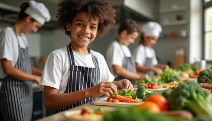 Smiling African American boy prepares fresh vegetables for cooking. Kids in chef hats, aprons learn healthy meal preparation. Young students enjoy culinary workshop, learning new skills in bright