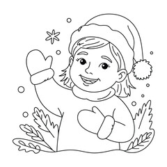 Charming black and white line art illustration of a happy child in winter attire silhouette vector illustration white background