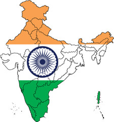 Map of India in National Flag Colors with Ashoka Chakra