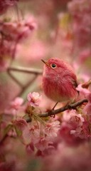 Tiny pink bird perched on a blooming cherry blossom branch.
