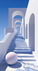 White arches and stairs lead to a clear blue sky with a light pink orb.