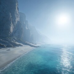 Cliffside beach washes into mist, sun shining brightly above