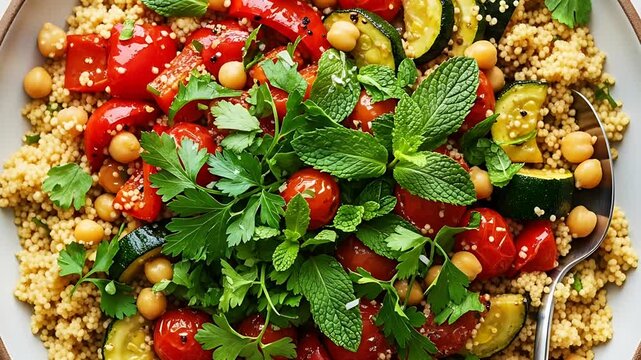 A vibrant couscous salad with tomatoes zucchini chickpeas and fresh herbs close up