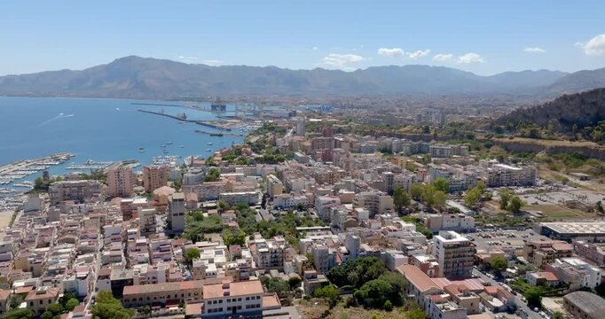 Aerial view of the Vergine Maria neighborhood on the outskirts of Palermo, Sicily, Italy. It is part of the residential areas founded on the northwest coast of the Sicilian capital.