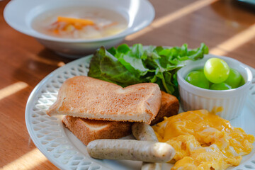 Western breakfast with scrambled eggs and toast
