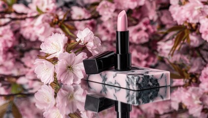 Pink lipstick rests on marble beside blooming cherry blossoms.