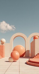 Abstract architectural forms with spheres under a clear sky.