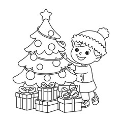Charming line art vector illustration of a happy child decorating a christmas tree with presents silhouette vector illustration white background