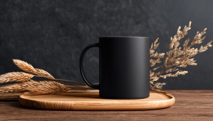 Matte black mug, dried grass, wooden tray, dark background