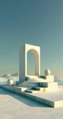 Minimalist concrete archway with steps and spheres in a desert landscape.