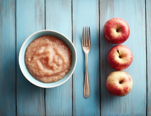 Bowl of applesauce with whole apples and fork on blue wood.