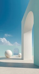 White spheres rest on a sunlit terrace with arched doorways.