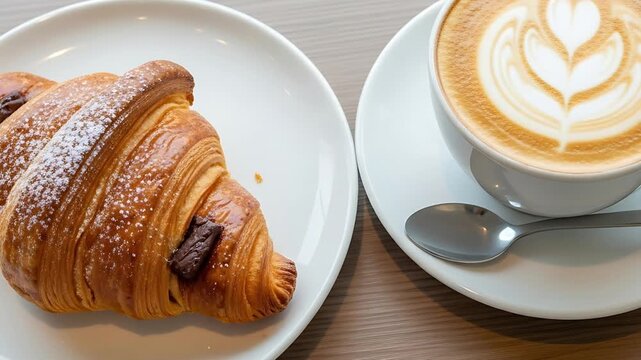 A chocolate croissant with powdered sugar and a latte on a white plate on a table