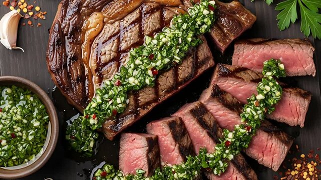 Close up of grilled steak with chimichurri sauce and garlic on a dark surface