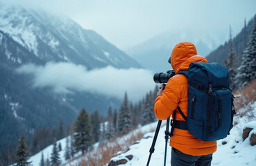 Photographer in orange jacket with blue backpack takes picture of snowy mountains. Person with tripod uses camera on winter trail with trees. Light snow falls.