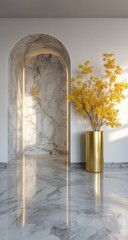 Interior space with arched doorway, marble walls, and yellow flowers.