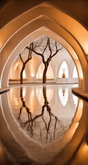 Arched architecture frames bare trees reflected in still water.
