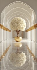 Ornate hallway with a spherical tree in a golden pot.