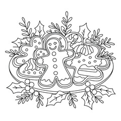 Vector line art illustration of gingerbread cookies and holly sprigs for festive holiday designs scalable eps silhouette vector illustration white background