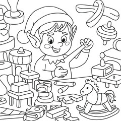Charming elf character surrounded by festive christmas toys line art vector illustration scalable eps icon silhouette vector illustration white background