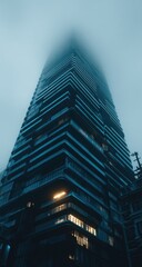 Fototapeta premium Tall building shrouded in fog, with illuminated windows visible.