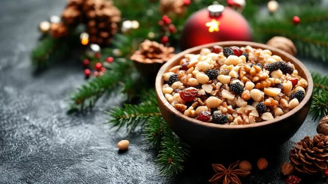 Classic Ukrainian kutia: a decadent wheat pudding mixed with poppy seeds, honey, raisins, and nuts served in a rustic wooden bowl, adorned with pine branches and cones for a festive touch