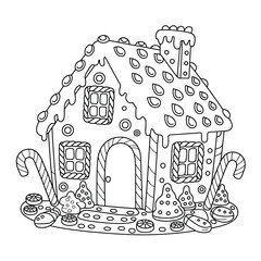 Scalable vector illustration gingerbread house festive holiday christmas decorations line art eps icon for design projects silhouette vector illustration white background