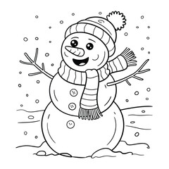 Scalable vector line art illustration of a cheerful snowman with scarf and hat ready for winter silhouette vector illustration white background