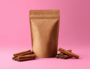 Brown kraft bag with cinnamon sticks on pink background