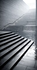 Modern tiered staircase with cascading water flows indoors.