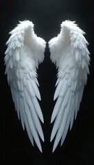 Pair of realistic white angel wings isolated on black background. Detailed feathers symbolize freedom, purity, spirituality, love, hope. Divine sign from heaven for memorial concepts or fantasy art.