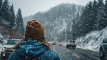 Person watching snowfall on a road, evergreen trees nearby