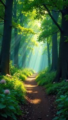 Winding Forest Path Sunlight Dapples Leaves on a Journey of Adventure and Exploration Through Lush Greenery Towards an Unknown Destination