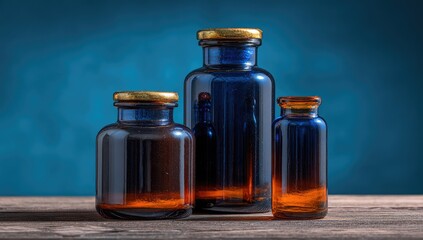 Three amber & blue bottles sit on a rustic wood surface