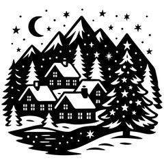Black and white vector of a snowy mountain town with pine trees, perfect for laser engraving and creative designs.