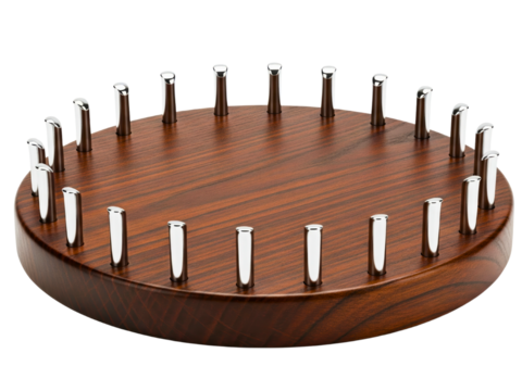 Round wooden tie and belt organizer with shiny metal pegs on a transparent background