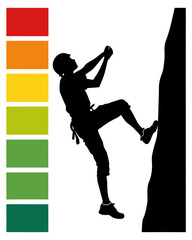 Obraz premium Black silhouette of a rock climber ascending a cliff face, juxtaposed with a colored difficulty or energy scale, signifying challenge and progression in extreme sport.