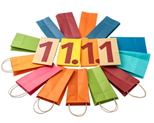 Colorful paper shopping bags arranged in a circular pattern around a large number '1.1.1'. The bags are in various colors including pink, green, blue, and orange.